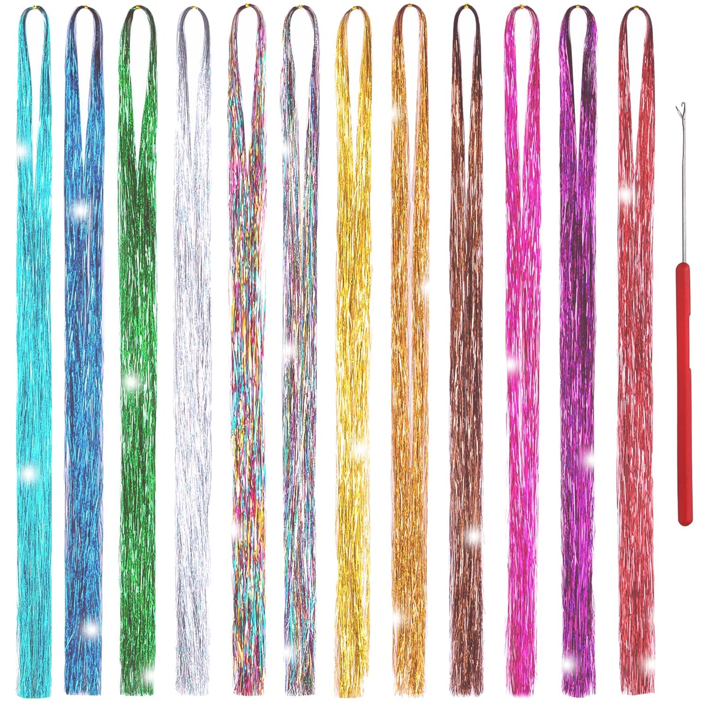 Hair Tinsel Kit 12 Colors, 2500 Strands 48 Inches Sparkling Hair Extensions With Tool, Fairy Hair for Birthday Halloween Christmas New Year Party