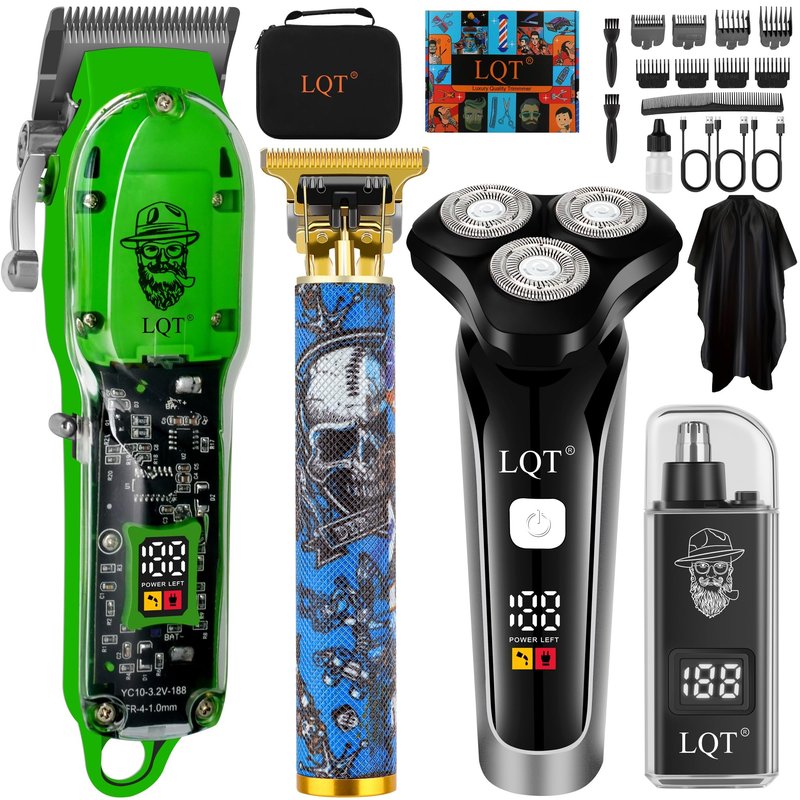 LQT Hair Clippers for Men, 4 Pcs Professional Cordless Rechargeable Transparent Plastic Clipper Set Body Trimmer Electric Razor for Men Nose and Ear Hair Trimmer with Bag, to Son Husband Father Gift