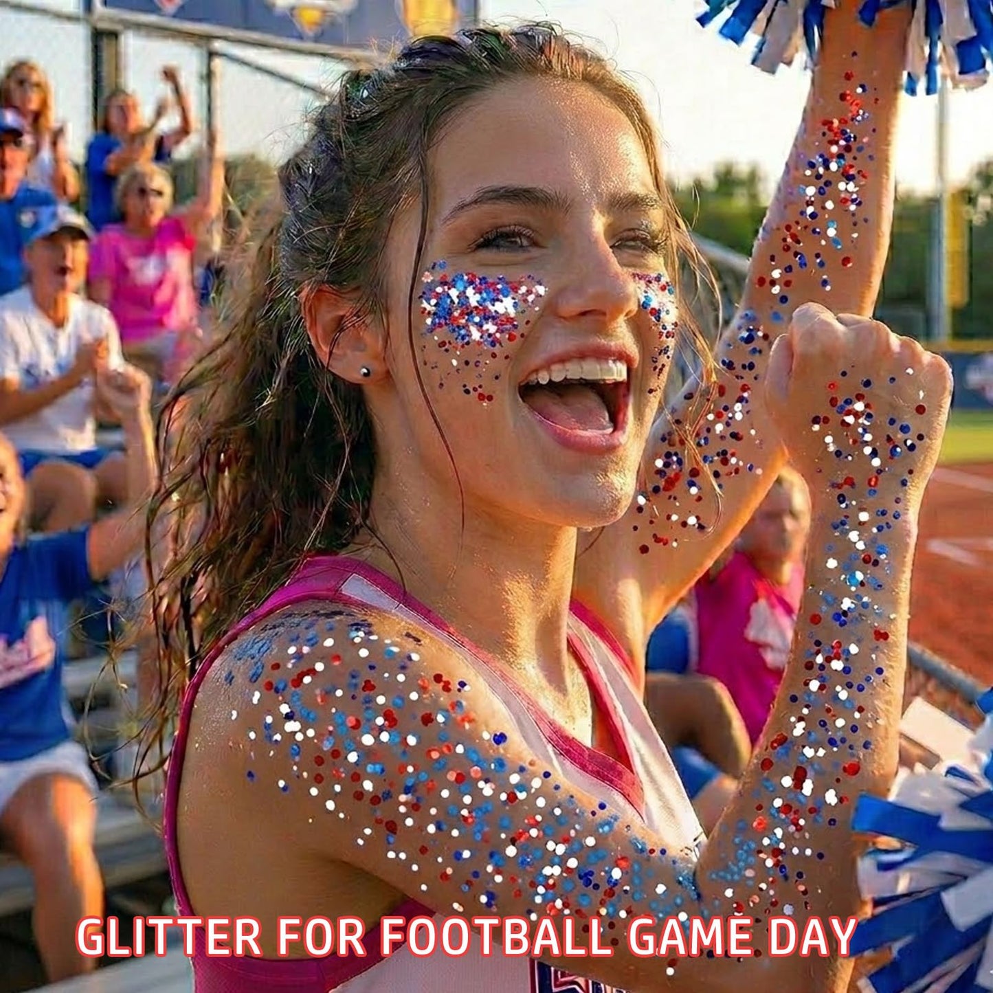 Paminify Red White Blue Hair Glitter Stick,4th of July Patriotic America Flag Star Face Body Glitter,250th Independence Day Outfits for Women, Waterproof Cheer Glitter Makeup for Soccer Game