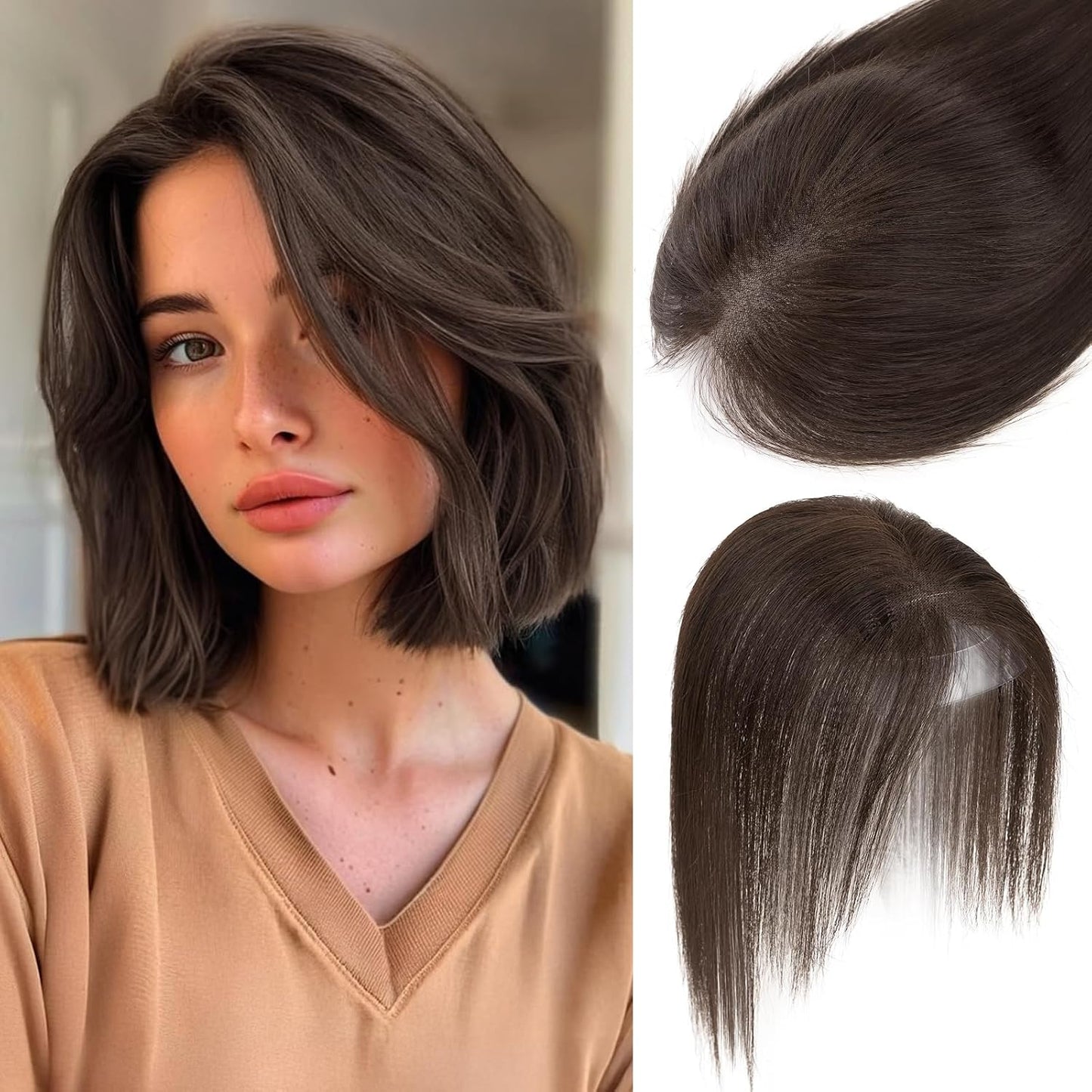 Dark Brown Human Hair Toppers for Women - 360° 3D Clip-In Short Hairpieces | 12 Inch