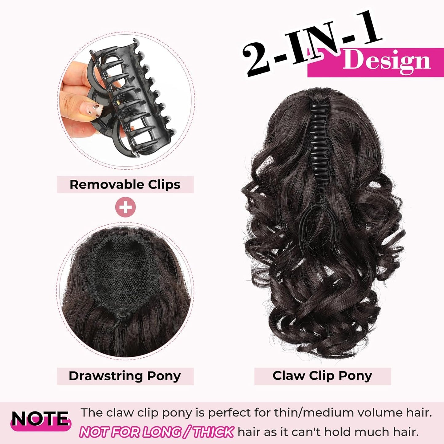 12-Inch Ponytail Extension - Classic Loose Curly Wavy Claw Clip Hairpiece for Women | Chocolate Brown with Highlights