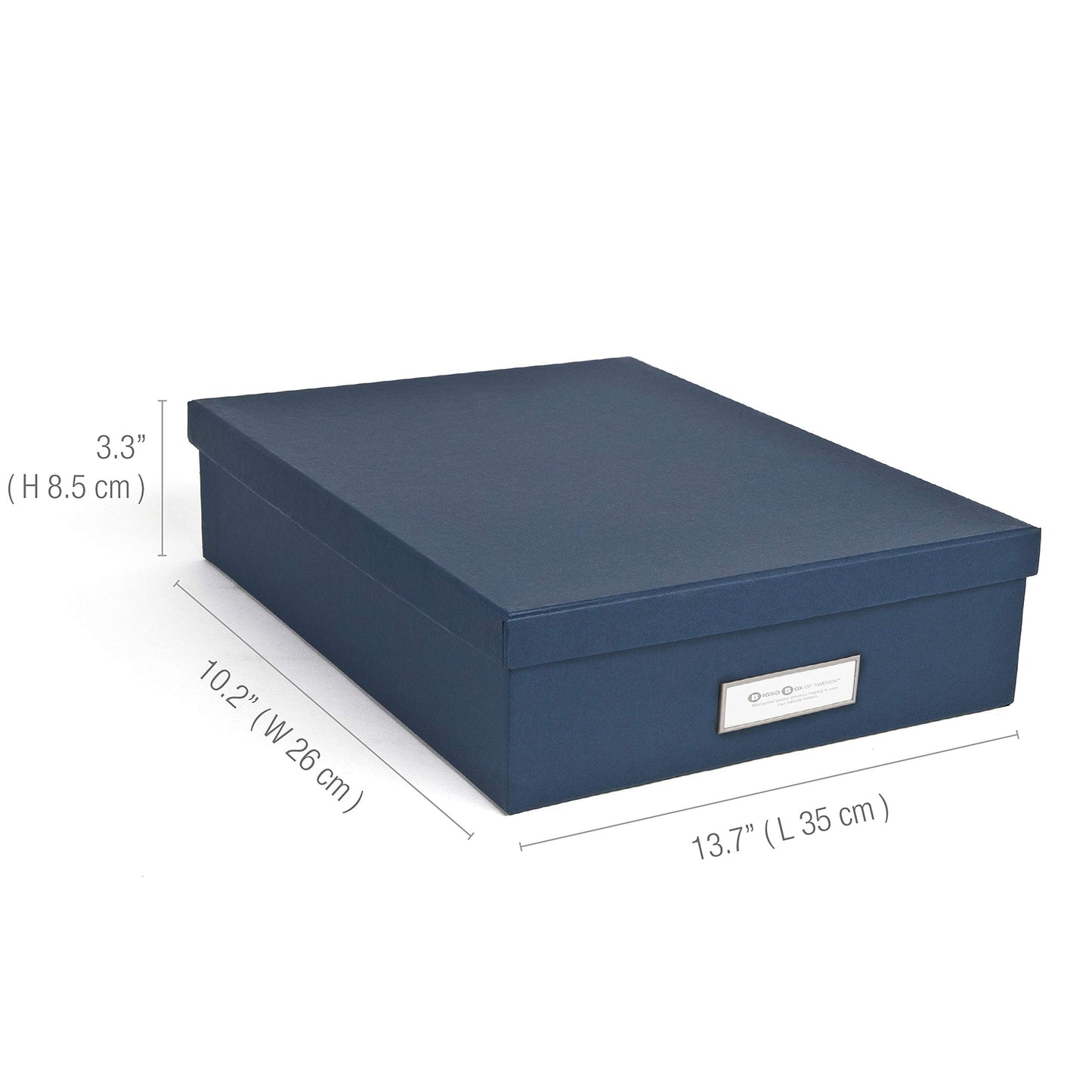 Bigso Oskar Fiberboard Label Frame Document Letter Box - File Organizer Box for Important Paperwork - Document Storage with a Lid & Metal Label Window - 3.3 in x 10.2 in x 13.8 in - Dark Blue