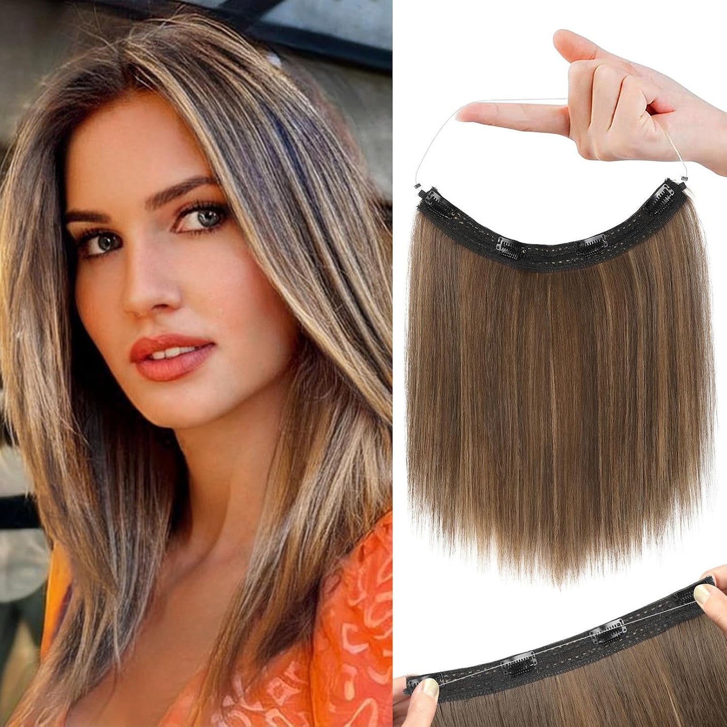 REECHO 12" Invisible Wire Hair Extensions - Thinner Lace Weft, Adjustable Clips | Chocolate Brown with Highlights
