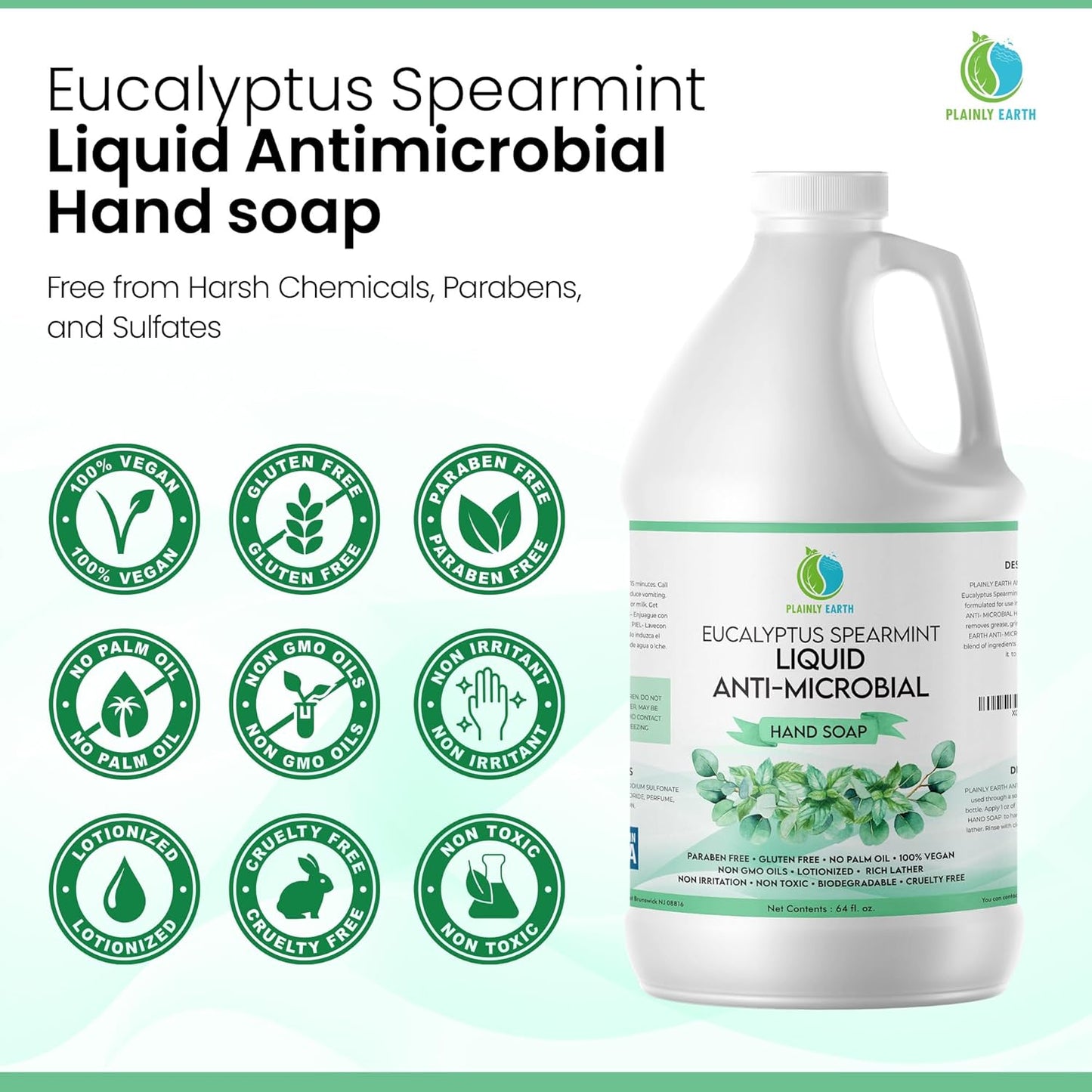 AntiMicrobial Hand Soap - Eucalyptus Spearmint Liquid Refill | 64 oz, Gentle & Moisturizing Formula