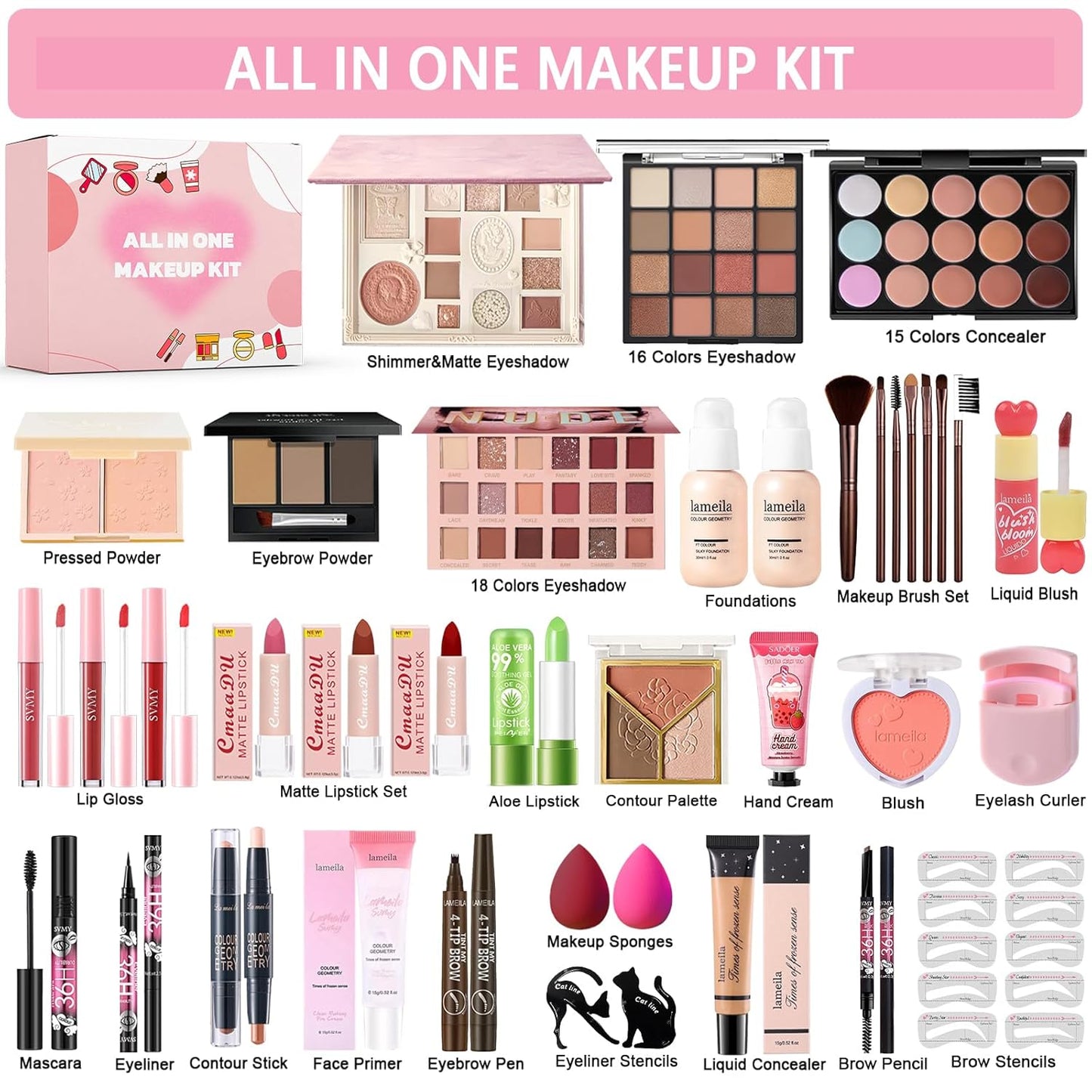 Complete Makeup Kit for Women | Essential Makeup Set with Eyeshadow, Foundation, Lipsticks & Brushes