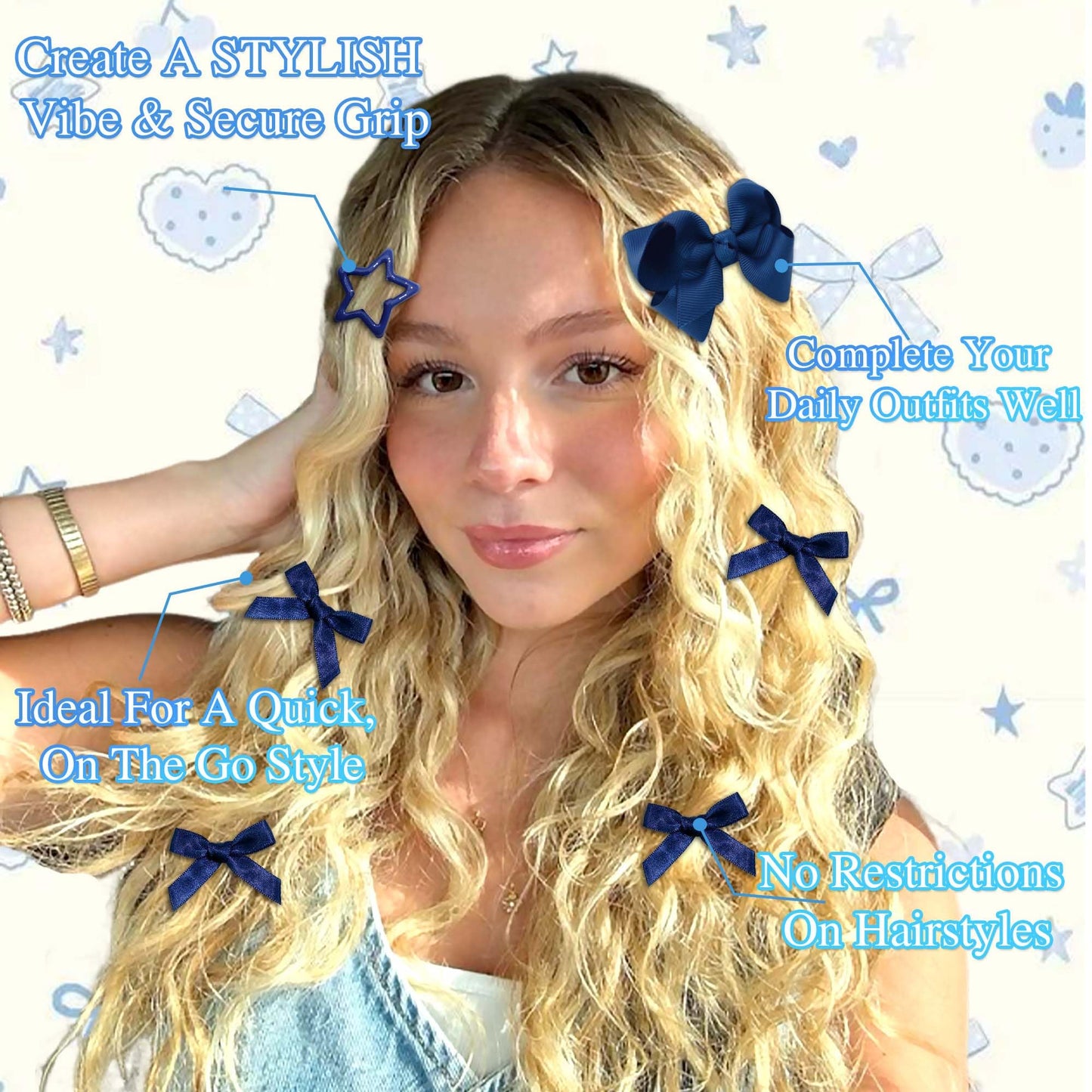STGDAK Navy Blue Hair Bows Small Star Clips Cute Bow For Girls Grosgrain Ribbon Bow Clip Fashion Bows Barrette Easter Hair Accessories For Girls Toddlers Teens Women Party Prom Back To School 26 Pcs