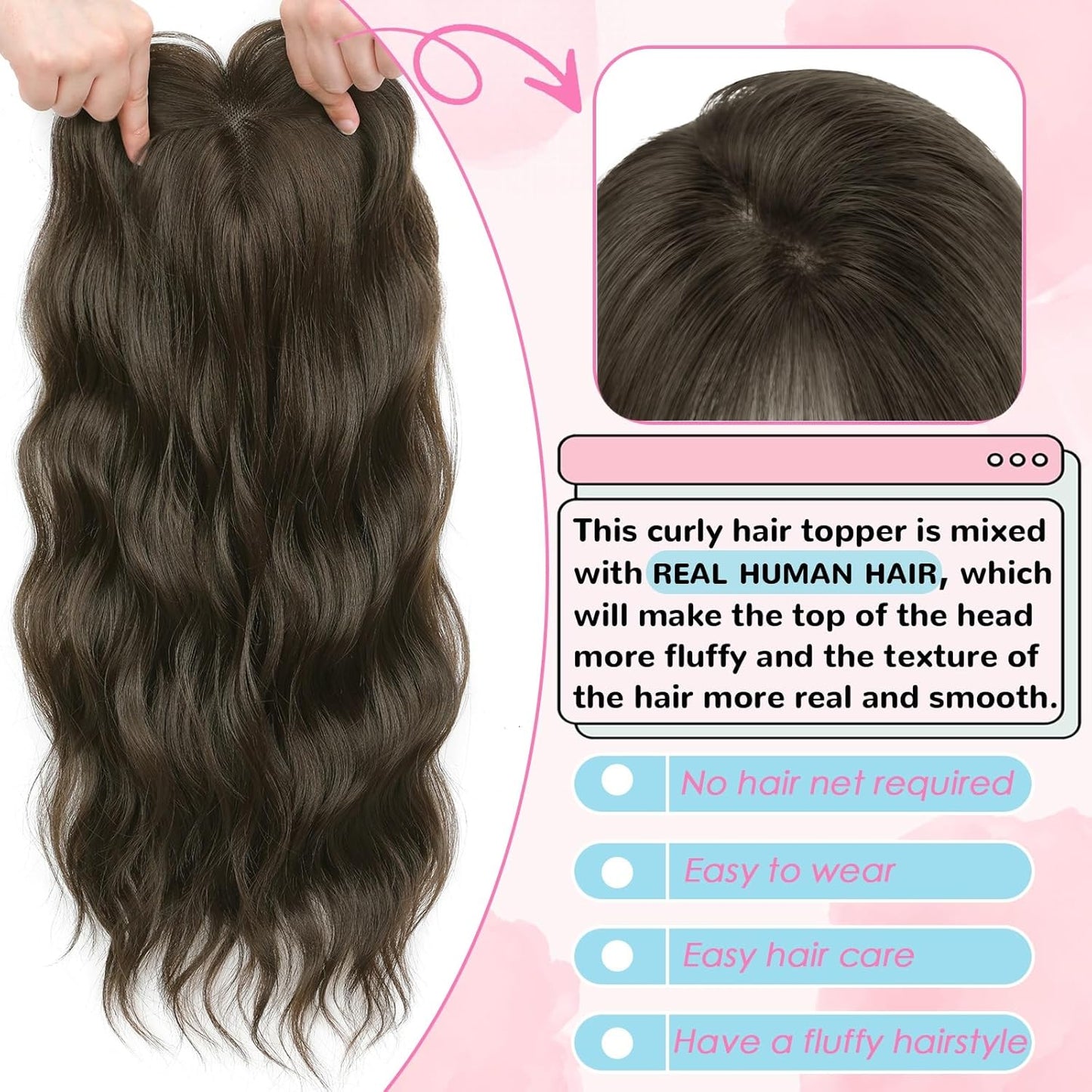 Hair Toppers for Women - 20 Inch Hand-Tied Curly Clip-In Wiglets | Dark Chestnut Brown, Wispy Bangs