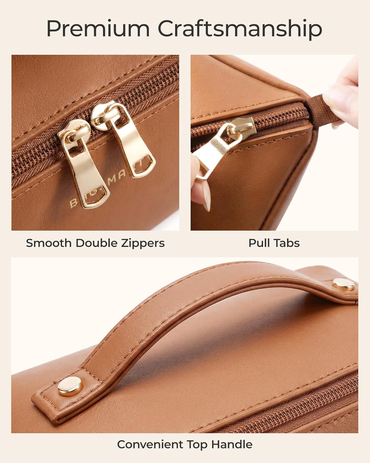 Makeup Bag - Large Travel Cosmetic Organizer | PU Leather Toiletry Case for Women - Classic Brown