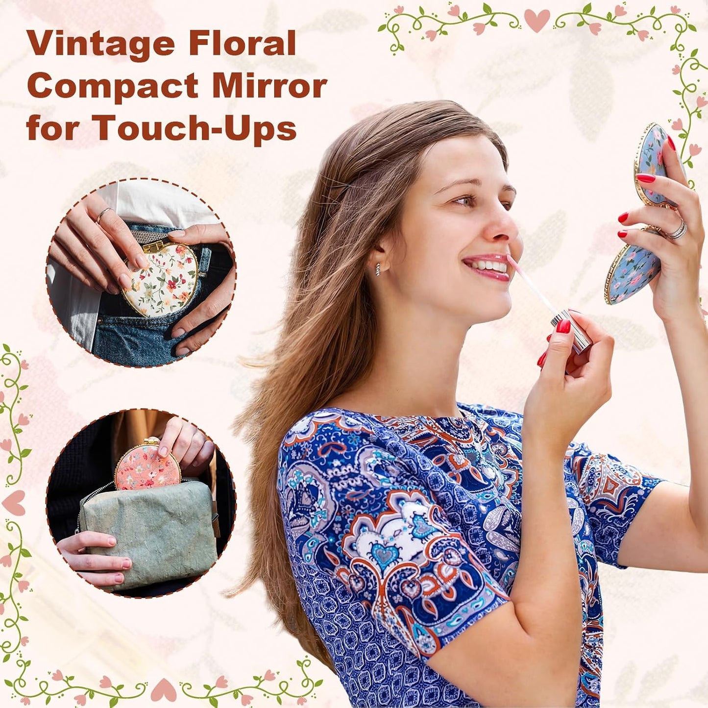 Compact Mirror Set for Women - Floral Pocket Mirrors with Organza Bags & Thank You Cards | Perfect for Diwali, Weddings & Parties