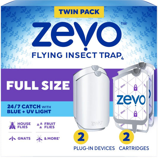 Zevo 2 Flying Insect Traps & 2 Refill Cartridges - Plug in Fly Trap & Indoor Bug Catcher for Gnats, House & Fruit Flies - Blue & UV Light Technology, Mess-Free Alternative to Bug Zapper