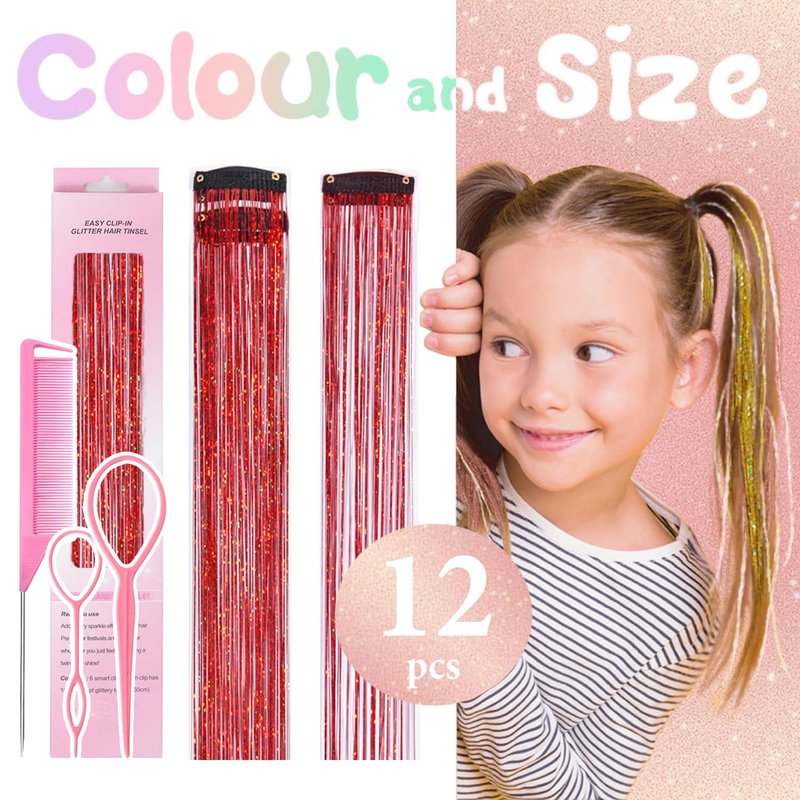 Hair Tinsel Kit - 12 Pcs Red Glitter Clip-In Extensions for Girls & Women | 24 Inch Festival Party Hair