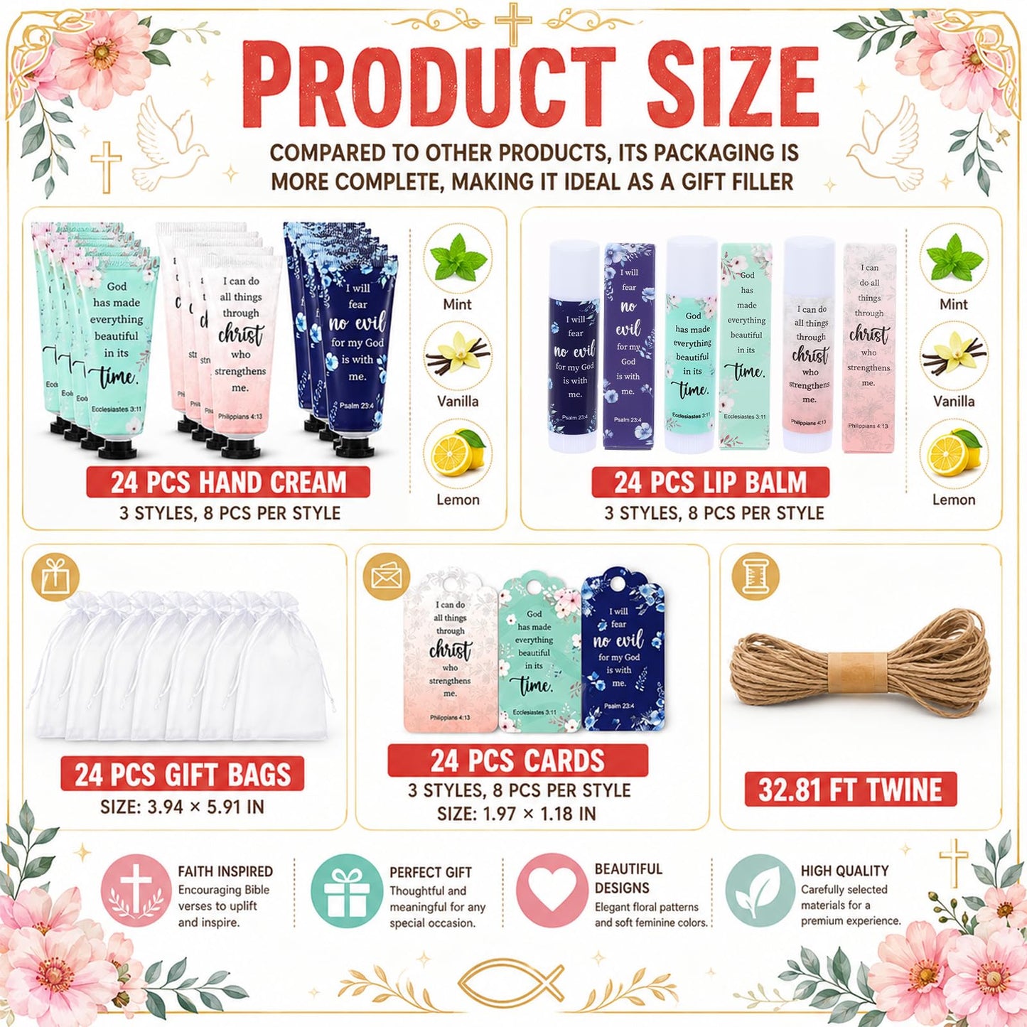 96Pcs 24 Sets Christian Hand Cream and Lip Balm Gift Set Moisturizing Gift Sets With Organza Bag Christian VBS Gifts Bible Verse Bulk Gifts for Teacher Wedding Baby Shower Church Prayers for Women