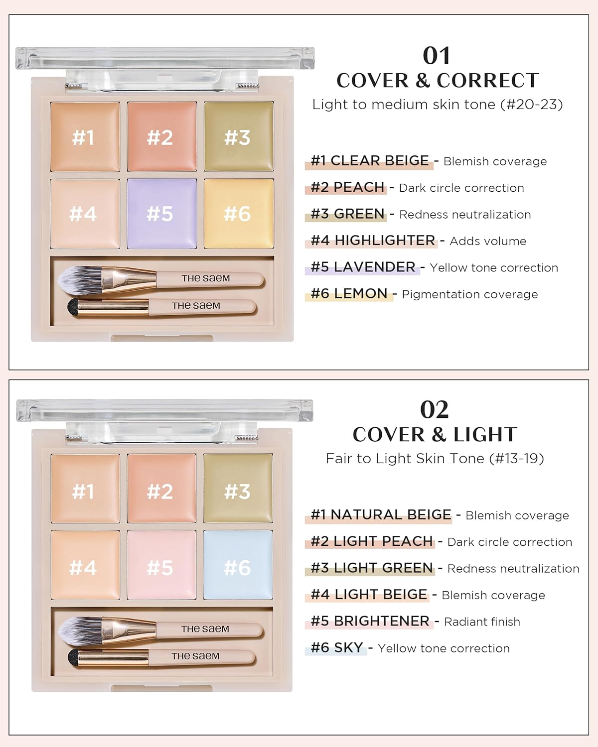 THESAEM Cover Perfection Concealer Palette - 6-Color Multi Concealer for Medium Skin Tones 20-23 | Dual Brush Included