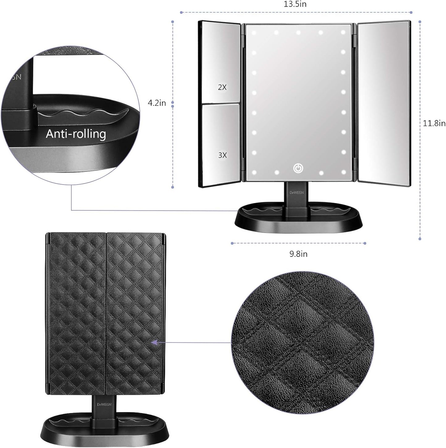 Trifold Lighted Vanity Makeup Mirror - 21 LED Lights, Touch Screen Dimming | 1x/2x/3x Magnification, Dual Power Supply