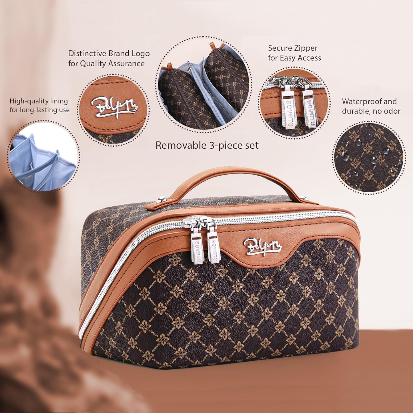 Travel Makeup Bag Set - Large Vegan Leather Cosmetic Organizer with Handle | 3 Pcs Portable Toiletry Bags in Coffee