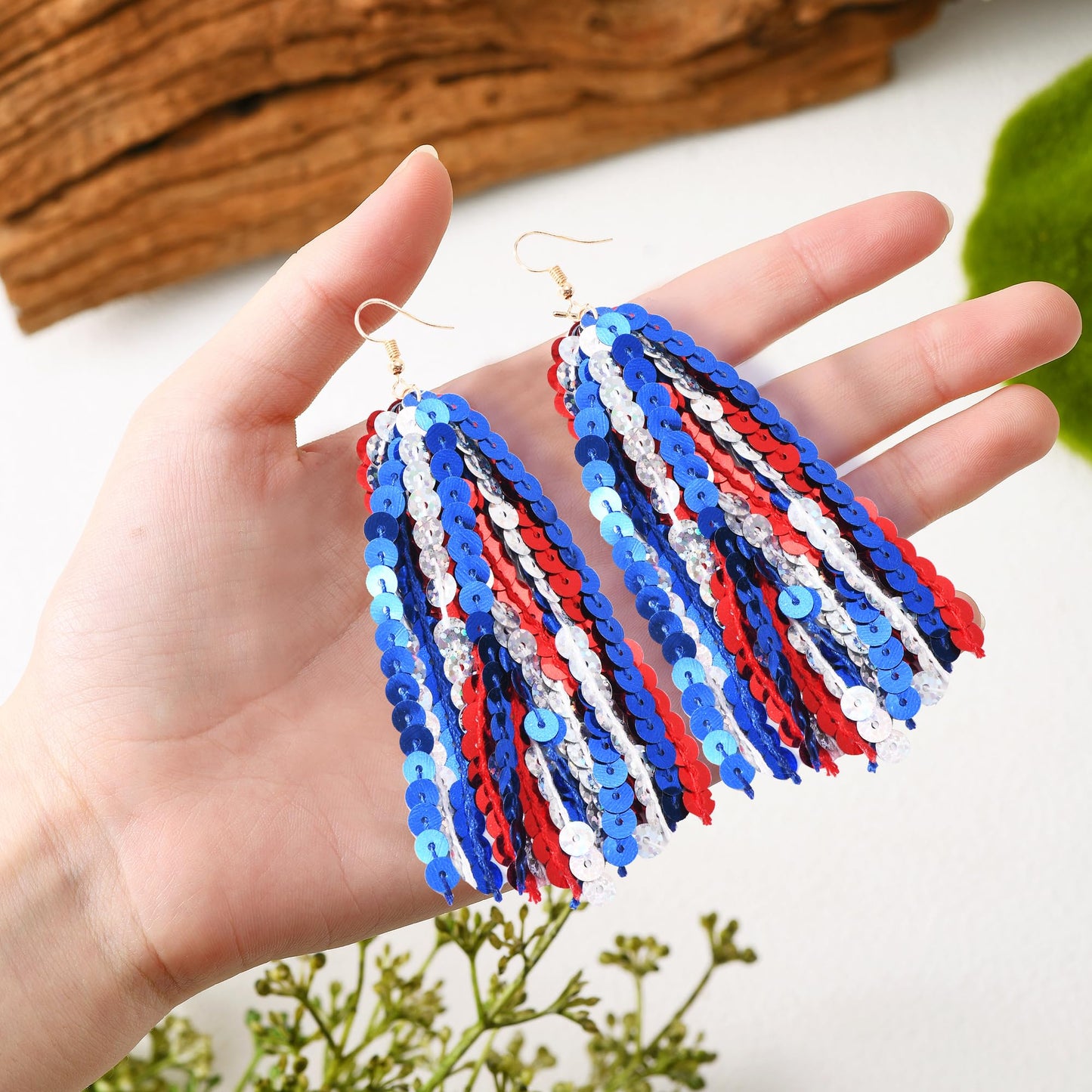 RareLove Fourth of July Accessories Lightweight Patriotic Earrings Red White and Blue Sequins Fun Dangle Tassel Earrings for Women Alloy Plated