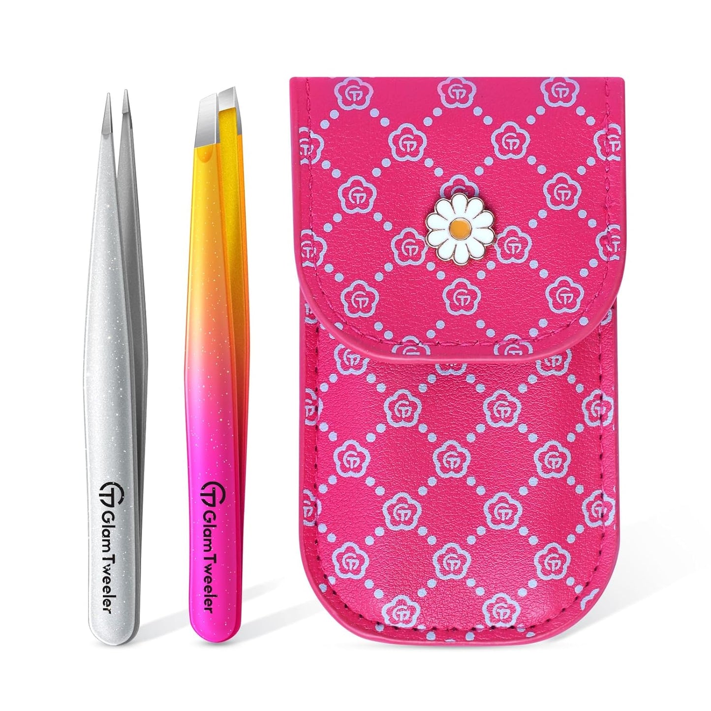 Expert Slant & Point Tip Tweezer Set - Precision Eyebrow Tweezers with Travel Case | Sparkle Hot Pink & Silver