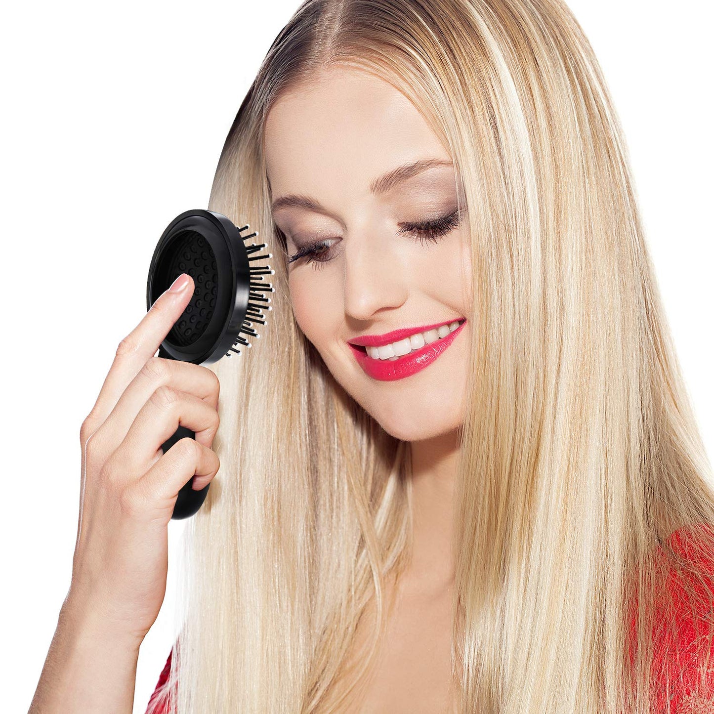 Boao 2 Pack Foldable Travel Mirror Hair Brushes Round Portable Folding Pocket Hair Brush Mini Comb Compact Travel Size Massage Comb for Men Women(Black,Round)
