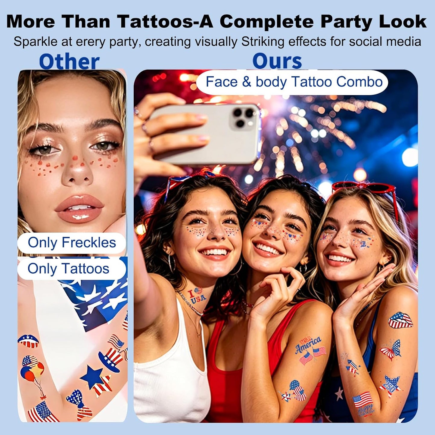 4th of July Glitter Freckles Face Tattoos - Patriotic Temporary Tattoo Stickers | 6 Pcs & 50 Pcs Set for Adults & Kids