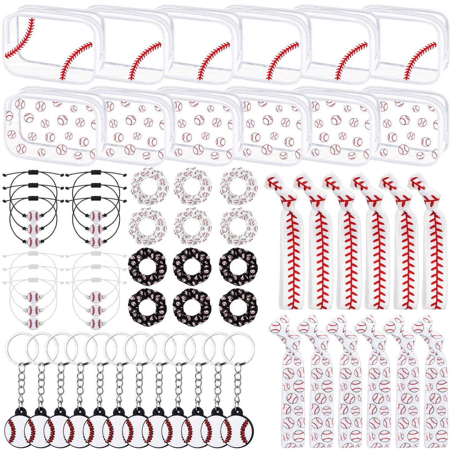 Zeyune 60 Pcs Baseball Party Favors Set - Cosmetic Bags, Keychains, Charm Bracelets, Hair Ties, Scrunchies for Baseball Party Decorations Supplies