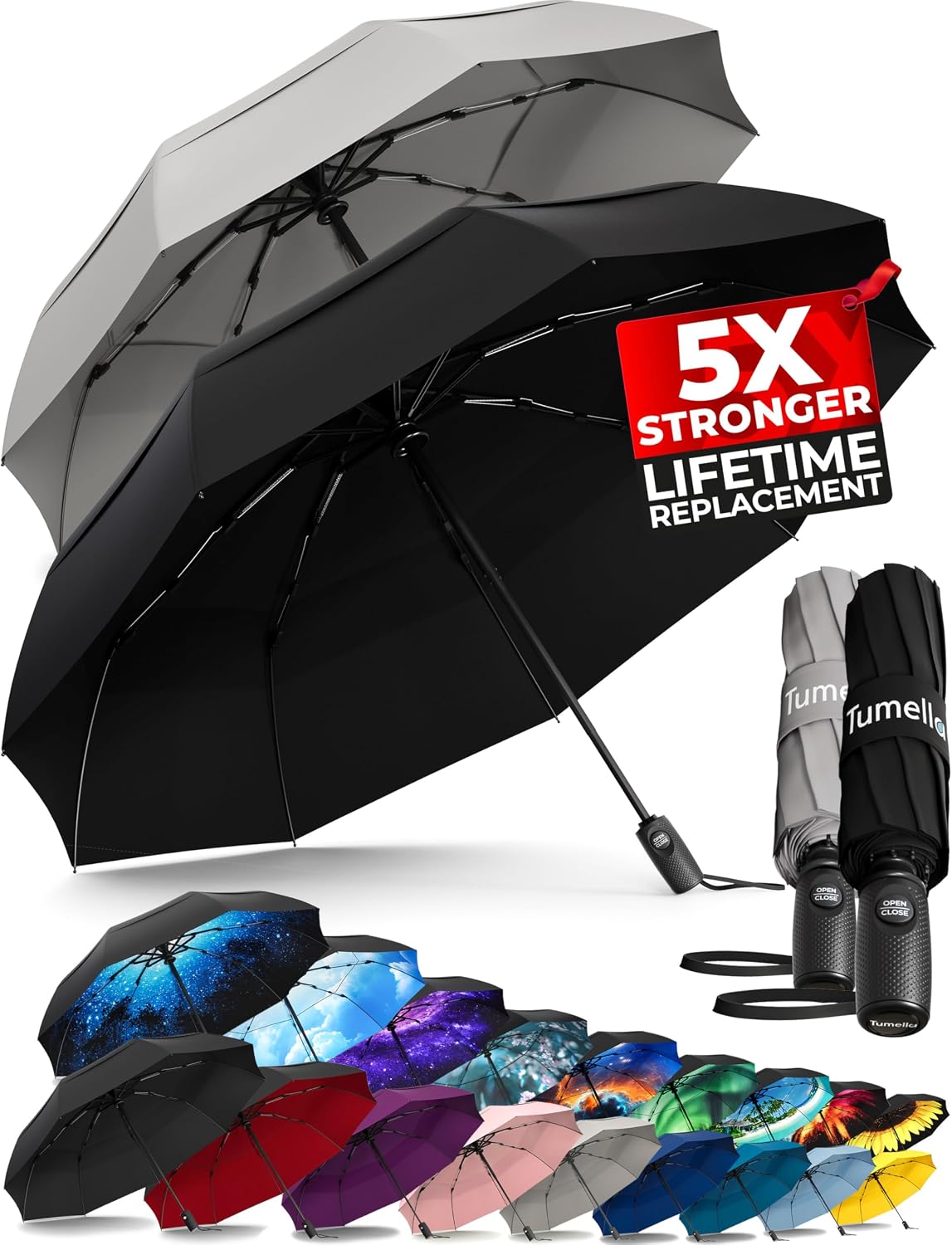 Strongest Windproof Travel Umbrella - Compact, 100MPH Tested | Lightweight, Automatic Folding, One-Handed Use