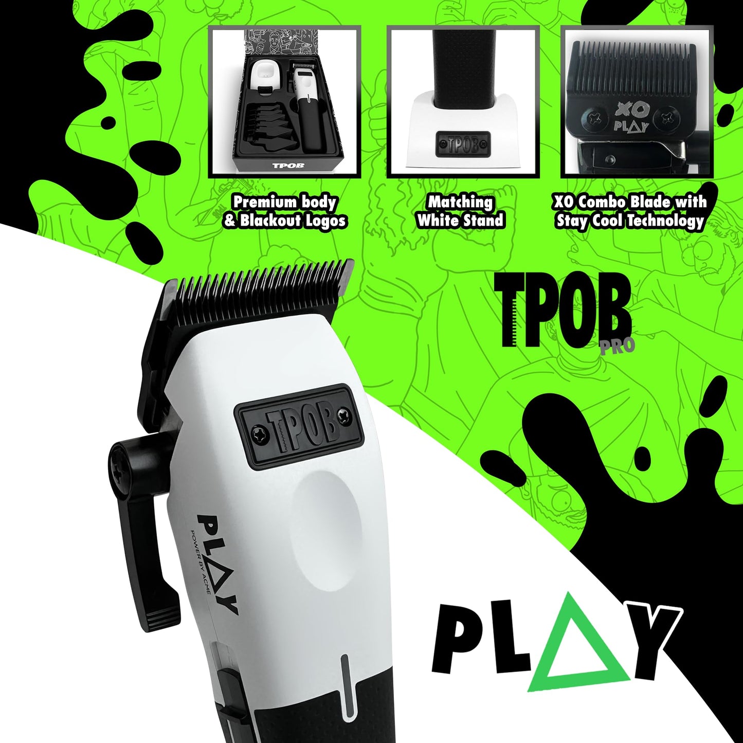 TPOB Play Barber Hair Clippers for Men 7500 RPM with Rubber Grips (White)