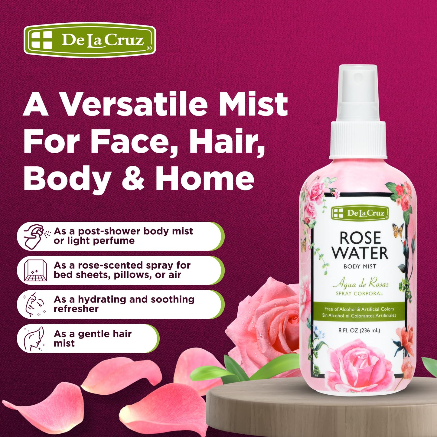 De La Cruz Pure Rose Water Body Mist,Rosewater Spray for Face, Skin & Hair, Rose Toner & Rose Water for Hair Alcohol Free, Paraben Free 8 fl oz (6 Bottles)