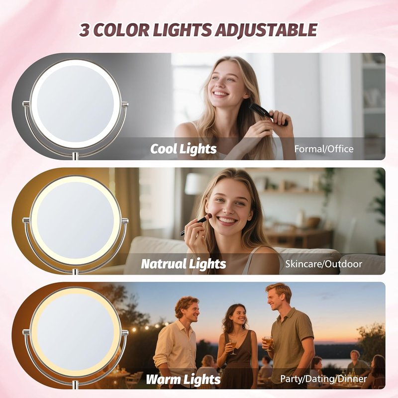 Lighted Makeup Mirror - 9" Rechargeable 1X/20X Magnifying Mirror with Dimmable 3-Color Lights | Perfect for Bedroom Tabletop