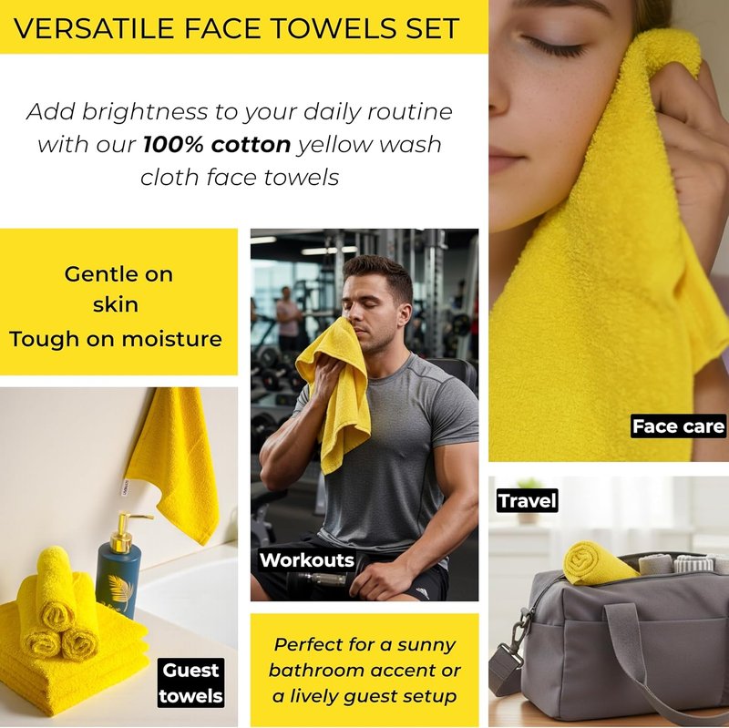 100% Cotton Yellow Wash Cloths - Soft Absorbent Terry Towels | 12"x12" | 6 Pack for Adults & Kids