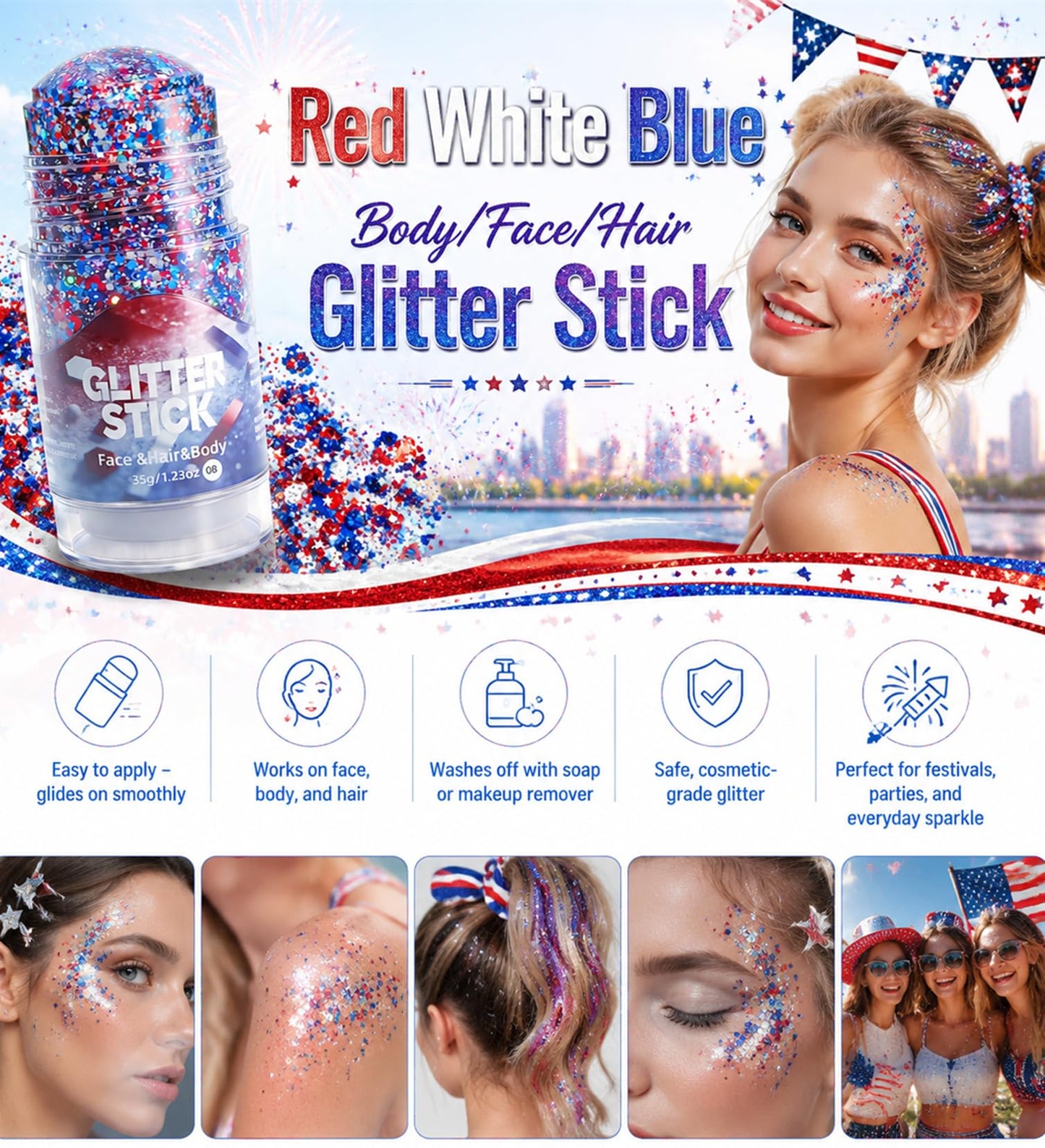 Go Ho 4th of July Glitter Stick,Patriotic Red White and Blue Face Hair Glitter,Fourth of July Accessories & Outfits Women,Sparkling USA Flag Body Glitter for Independence Day 250 Anniversary,1.23oz