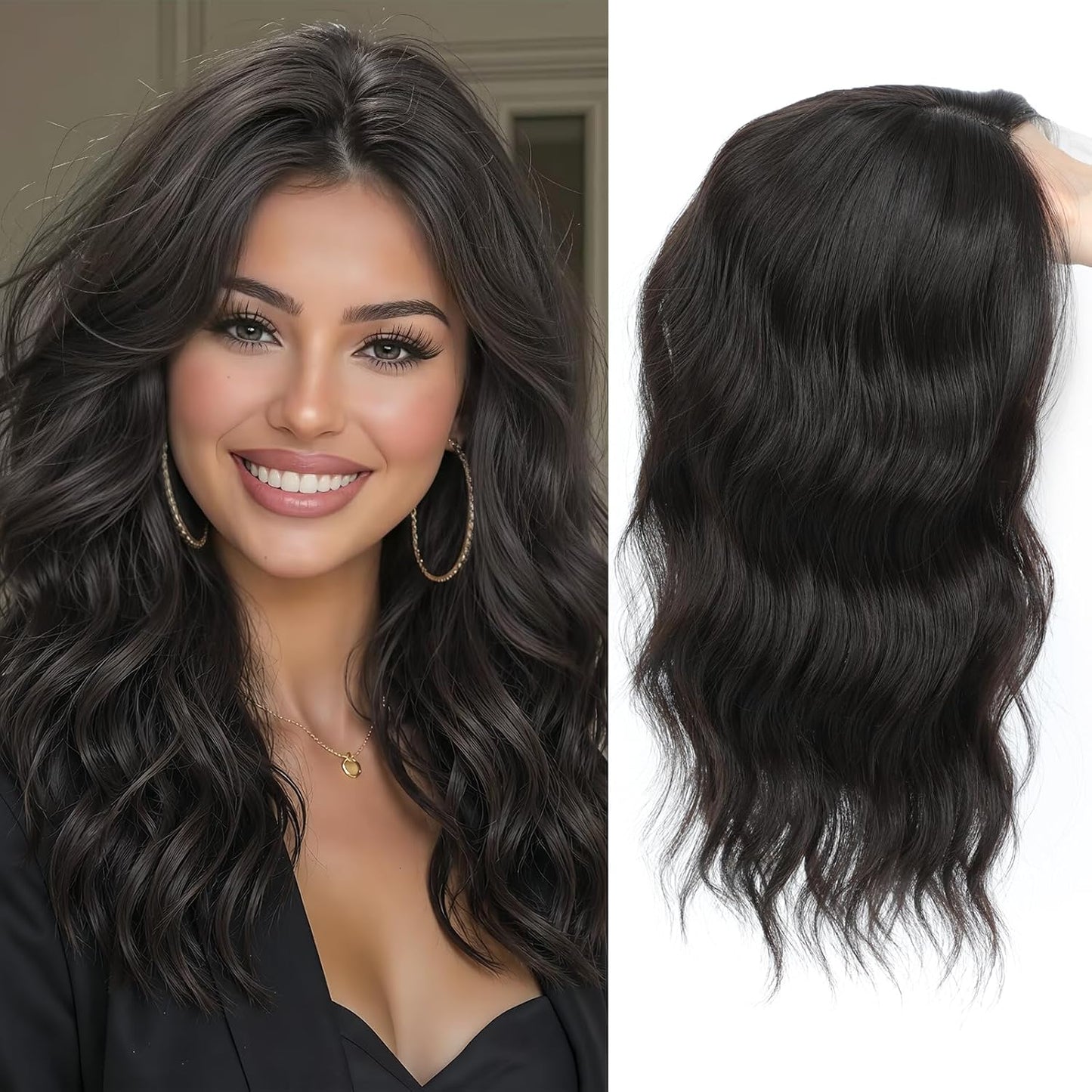 16 Inch Hair Topper for Women - Synthetic Curly Wavy Clip-In with Wispy Bangs | Auburn Brown Natural Volume