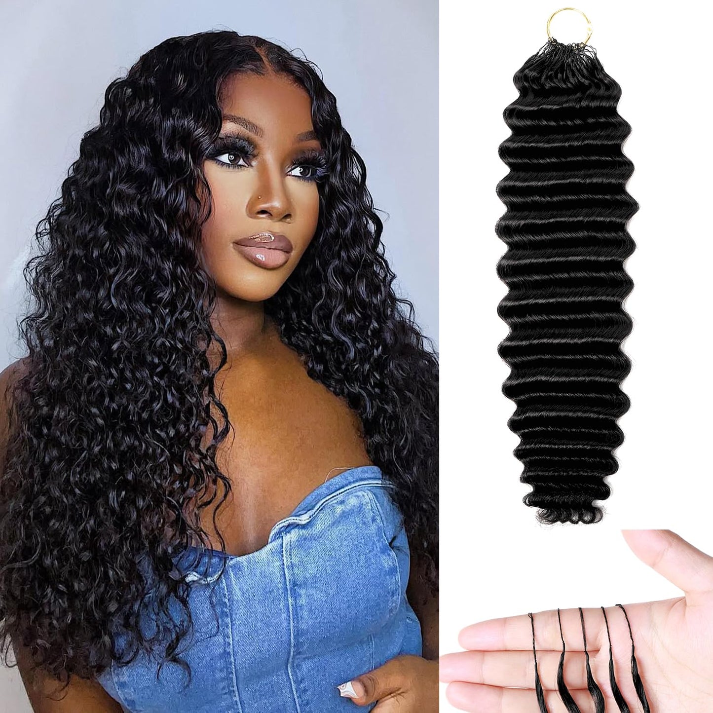 Human Crochet Hair for Black Women - 20 Inch Deep Wave Extensions | Soft & Lightweight Natural Black, 50 Strands