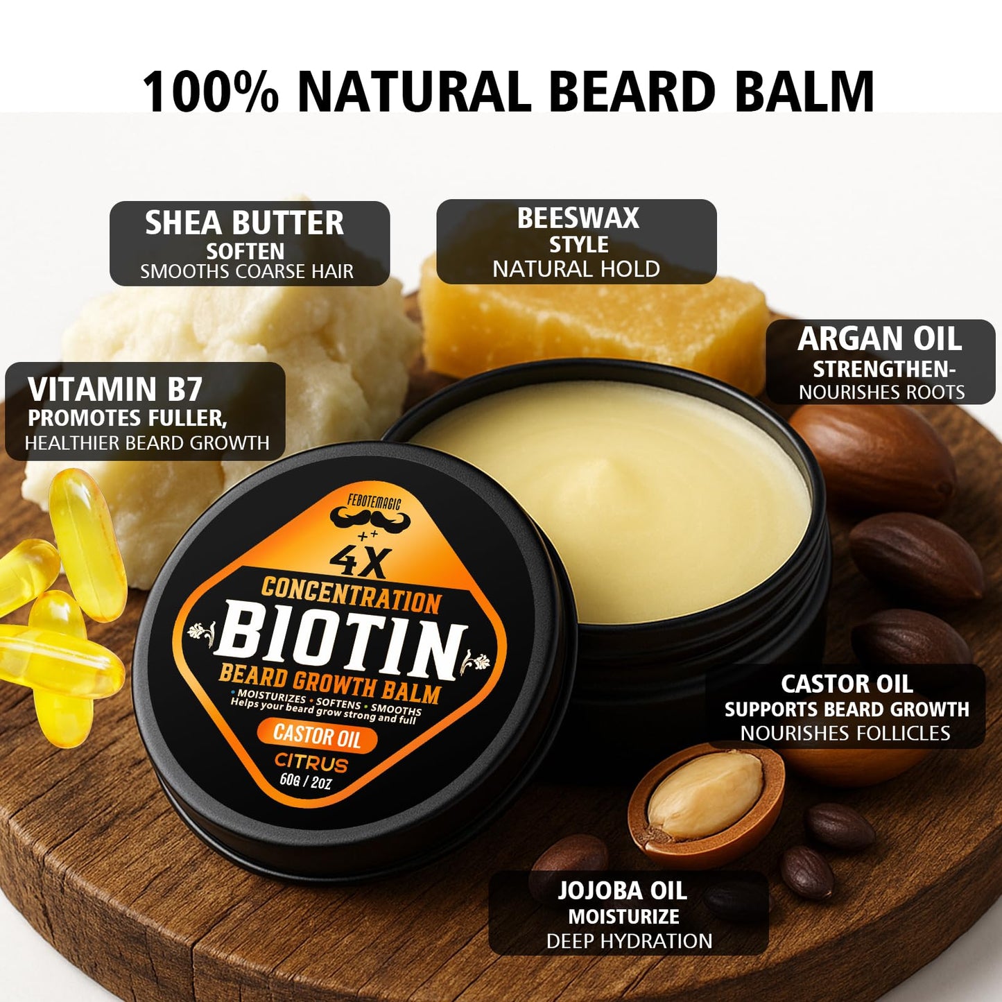FEBOTE 4X Concentration Biotin Beard Balm for Men – Natural Men's Grooming Butter with Castor, Shea & Jojoba Oil – Softens, Conditions & Styles – Non-Greasy Beard Growth Conditioner – 2 oz (Citrus)