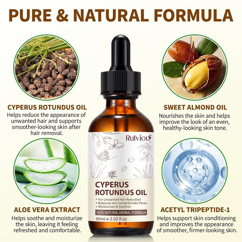 Natural Cyperus Rotundus Oil for Hair Removal - Gentle Body Hair Growth Reducer | 2 Pack, 4 fl. oz Bottles, All Skin Types
