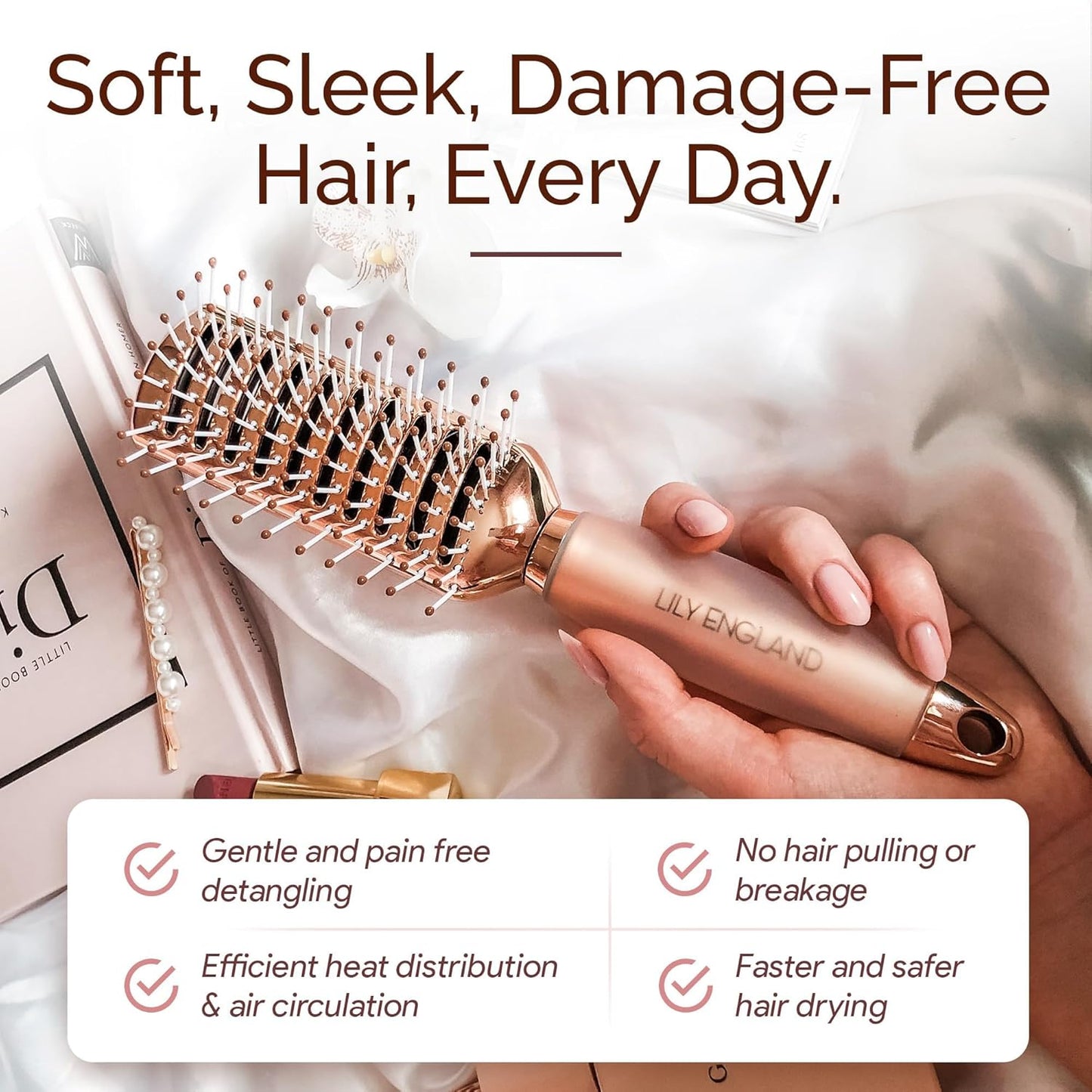 Lily England Vented Hair Brush - Easy Detangling Tool for Fine, Thick, Curly Hair | Rose Gold, Non-Slip Handle