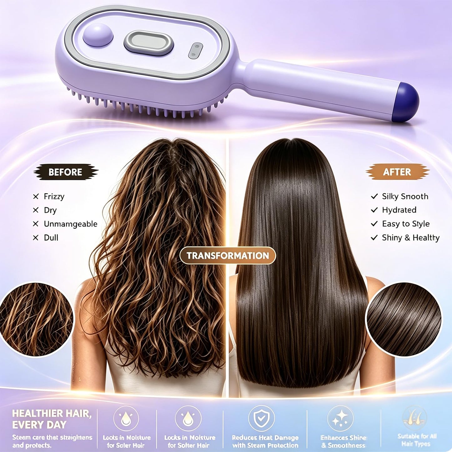 All-in-One Electric Spray Air Cushion Brush, Self-Clean Electric Steam Massage Comb with Built-in Mist Mister, Detangles Frizzy Curly Hair, Anti-Tangle for Smooth & Voluminous Hair (Blue)