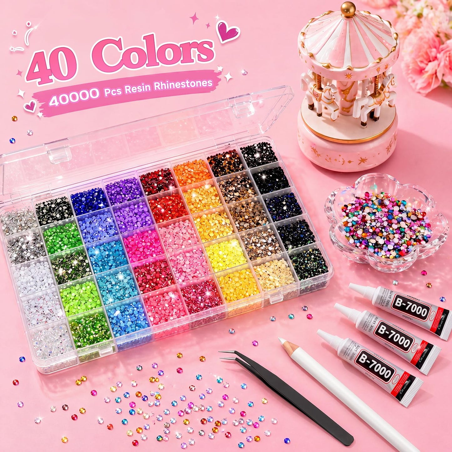 40000 Pcs 40 Colors Bedazzling Kit with Rhinestones, Resin Jelly Rhinestones for Bedazzled Kits, Multicolor Gem Bedazzler Kit for Crafting, DIY Arts, Nail Art, Shoe, Book
