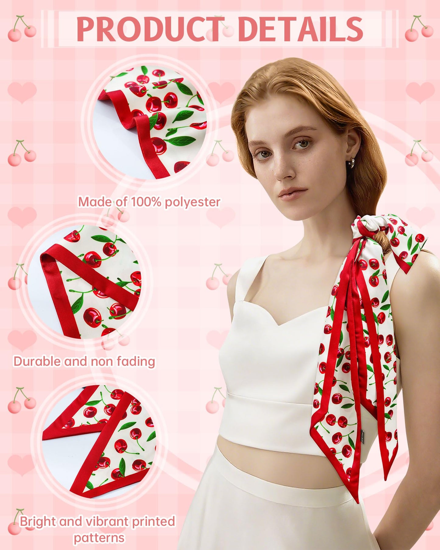 Mesovor Cherry Head Scarf Hair Neck Scarves for Women, Silky Scarf for Purse Bag Handbags | Satin Skinny Scarf Headbands for Country Concert Western Outfits (Cherry (White))