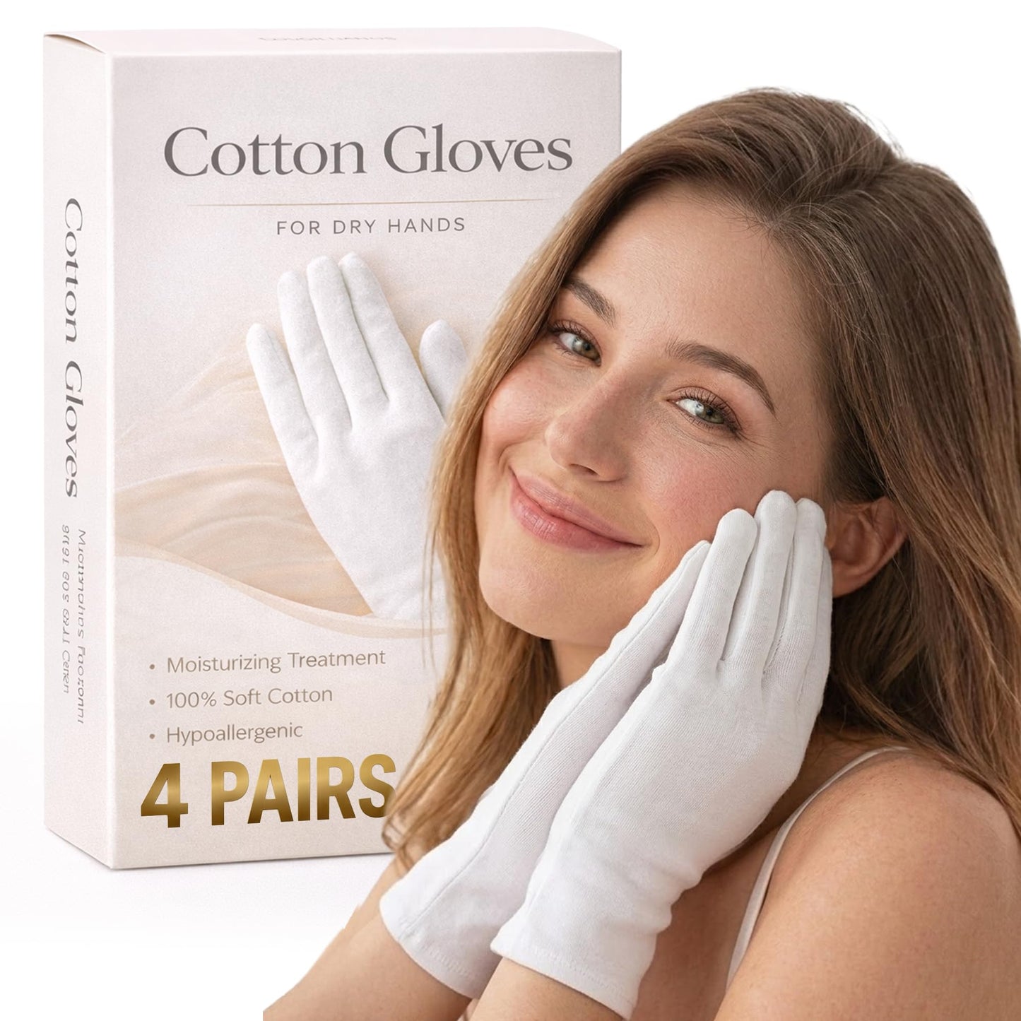 Cotton Gloves for Dry Hands Sleeping – 4 Pairs White Gloves Women Moisturizing Gloves Overnight, 100% Cotton Gloves Eczema, Spa Care for Dry Hands as Hand Mask