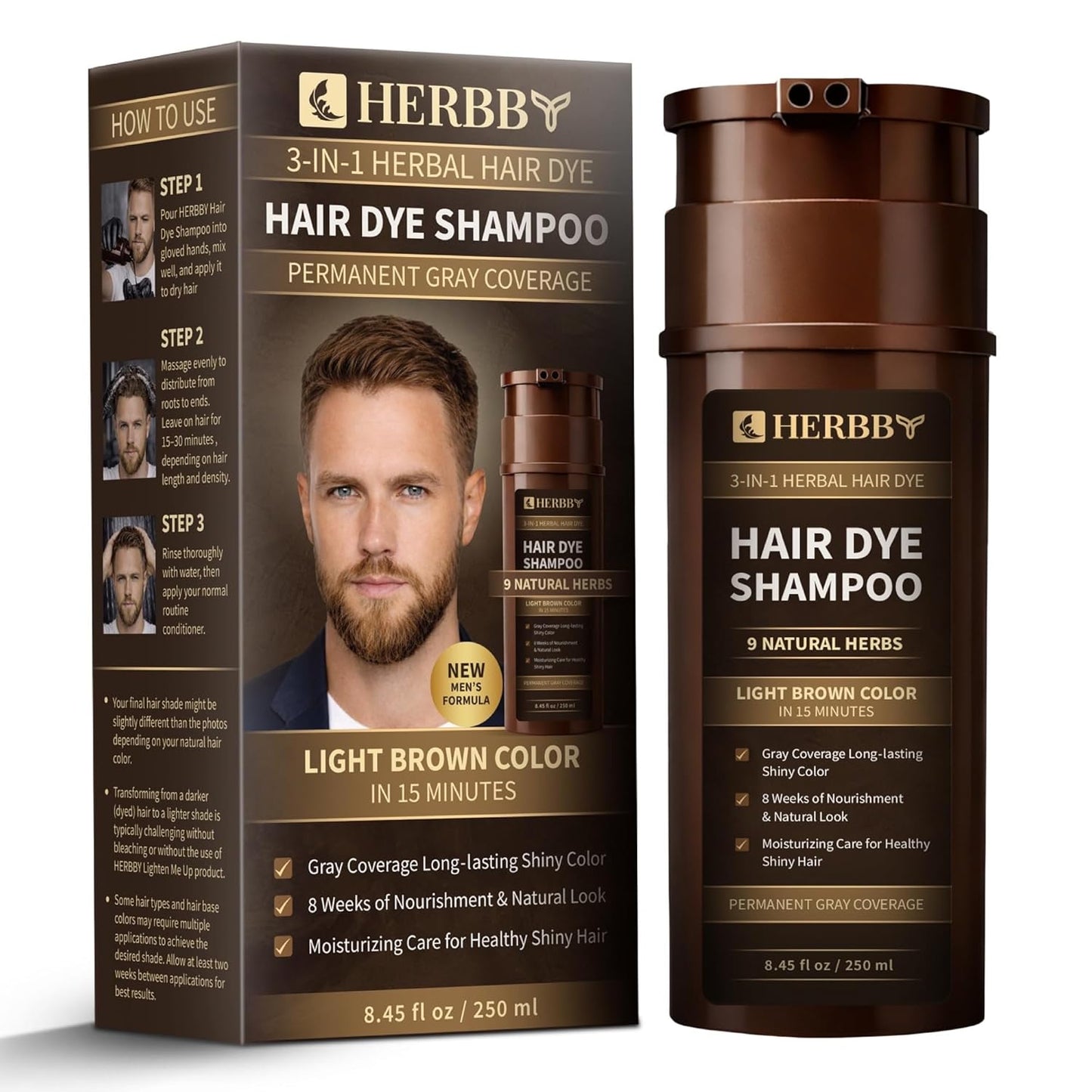 HERBBY Hair Color Shampoo for Gray Coverage | 9 Herbal Extracts for Shiny, Even Color - 250 ml (Blonde Brown)