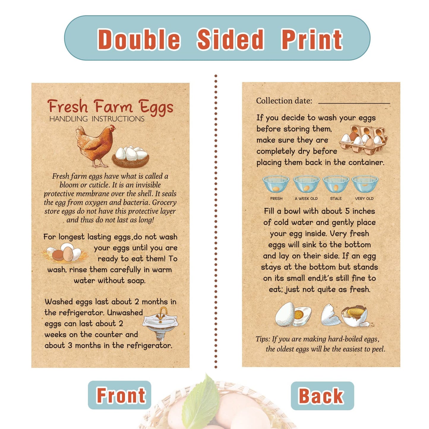 Kisston 200 Pcs Egg Handling Instruction Cards Bulk Fresh Farm Egg Care Labels 2 x 3.5'' Resuable Eggs Carton Stamp Thick Paper Design for Basket Farmstand Market Business Supplies (Simple Style)
