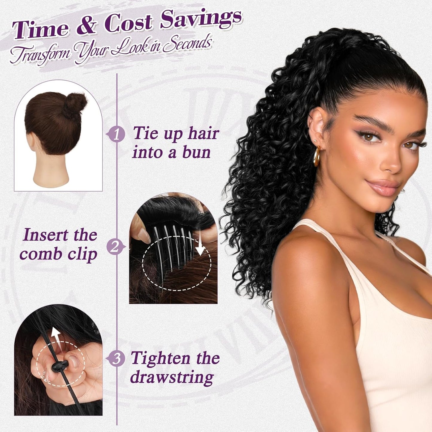 Black Ponytail Extension - 18 Inch Curly Drawstring Hairpiece | Soft, Lightweight Bohemian Style