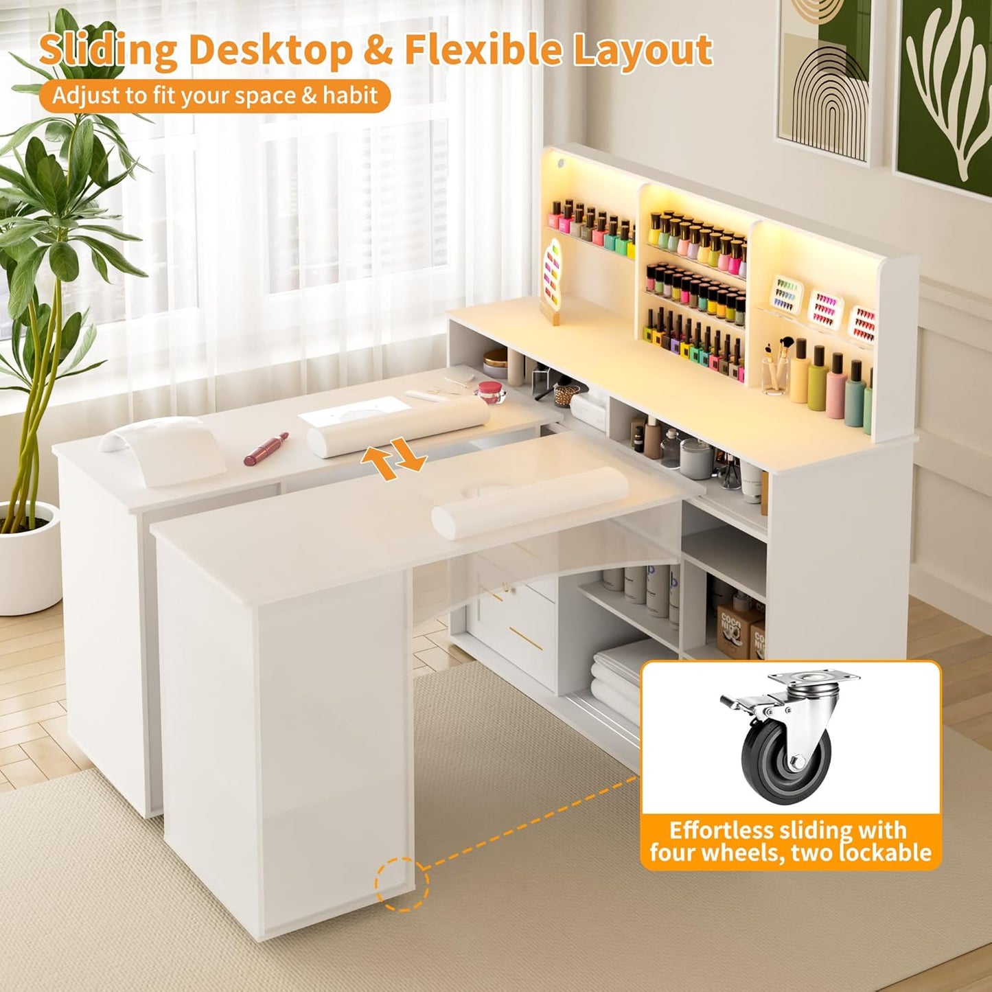 L-Shaped Manicure Table with Dust Collector - LED Light & Storage Cabinets | Home Spa Nail Desk in White