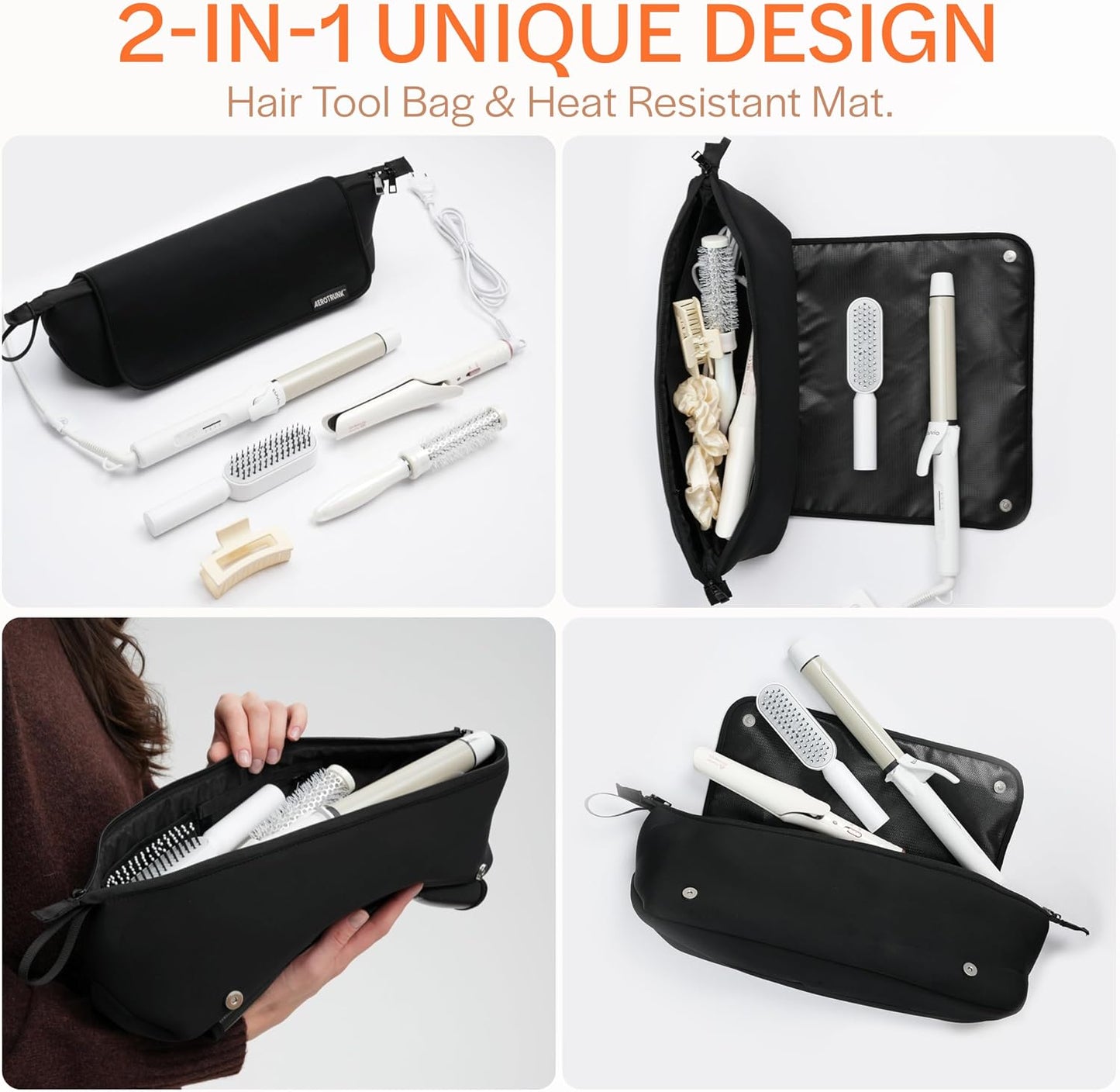 Hair Tools Organizer - Large Capacity Travel Bag with Heat Resistant Mat for Flat Irons & Curling Wands | Black