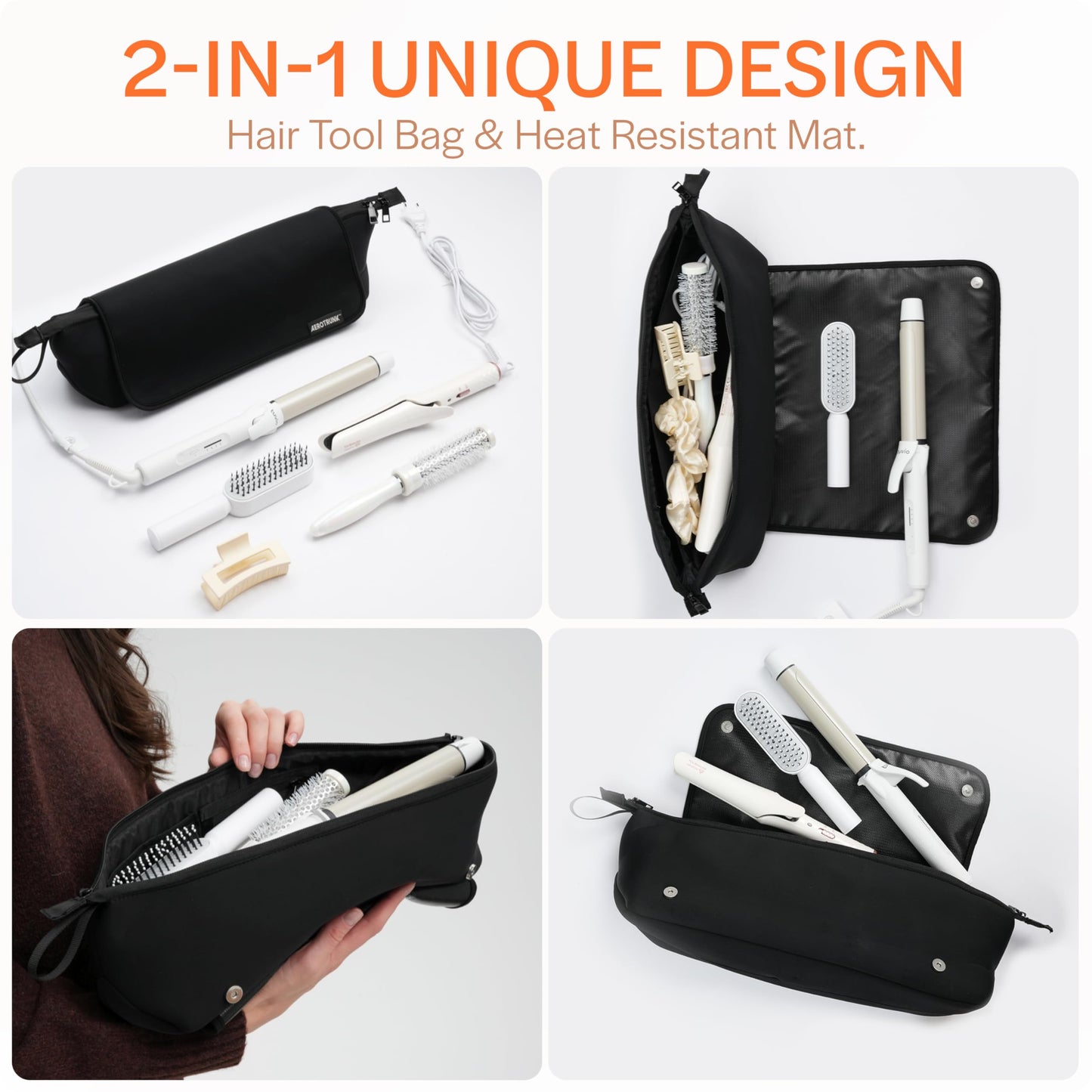 Aerotrunk Hair Tools Organizer - Hot Hair Tools Travel Bag with Heat Resistant Mat, Large Capacity Pouch for Flat Irons, Curling Wands, Hair Dryers - Black
