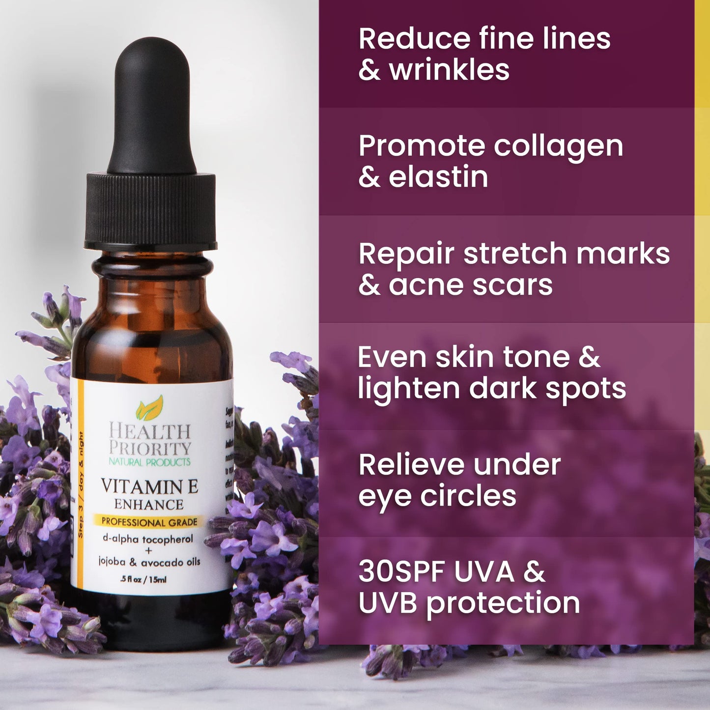 Health Priority Naturals|Vitamin E Oil - for Face/Hair - Organic, Handmade, Non-GMO, Gluten-Free, Vegan - For Scars, Wrinkles, Stretch Marks - Scented, 15,000 IU, 0.5 Fl Oz