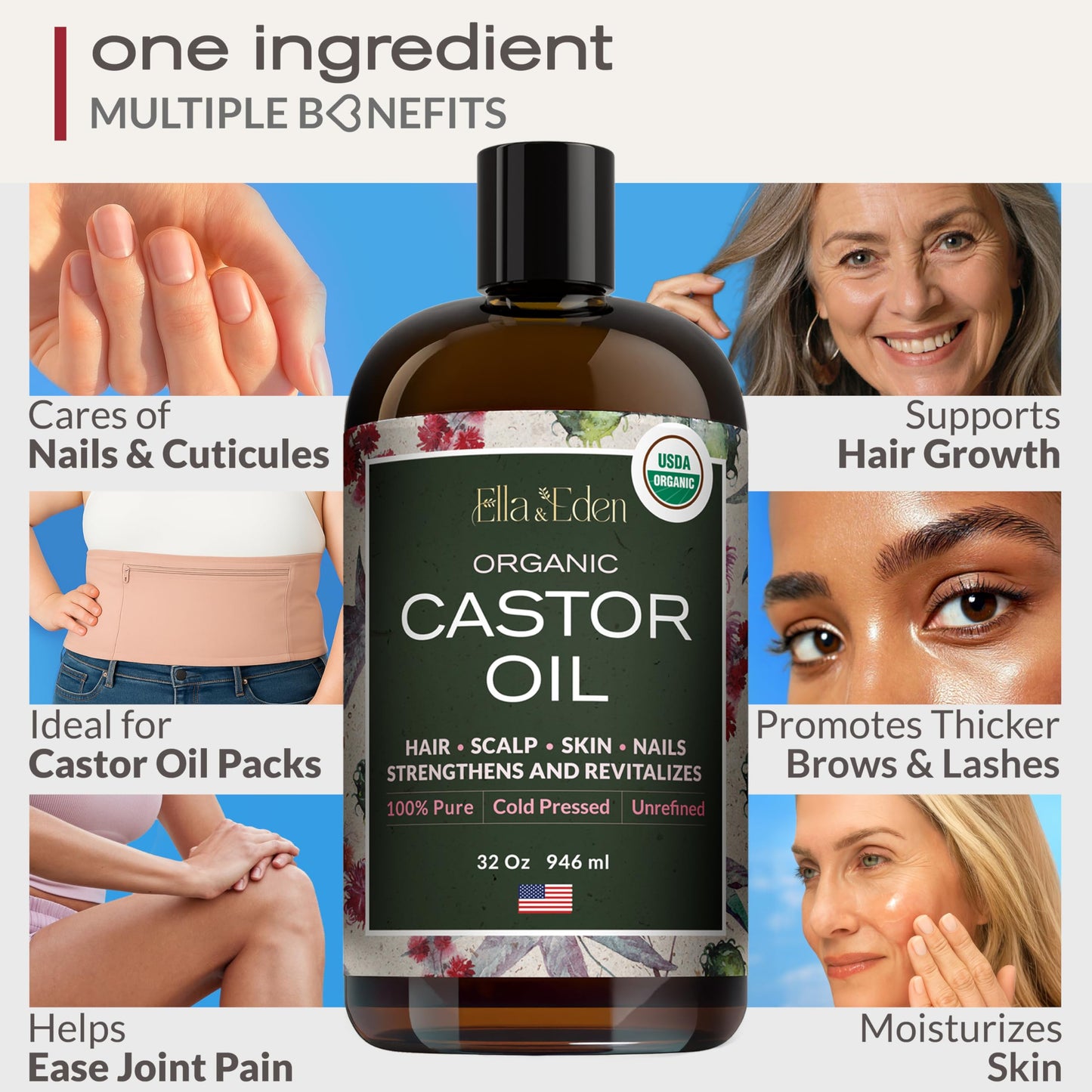 USDA Organic Castor Oil, 100% Pure Cold-Pressed Hexane-Free, 32 Fl Oz