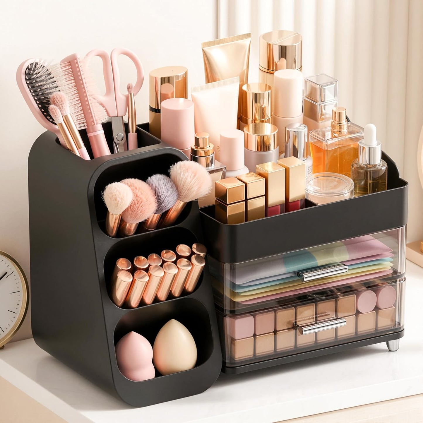 Large Capacity Makeup Organizer - Thickened Material Vanity Storage | White Countertop Holder for Brushes & Skincare