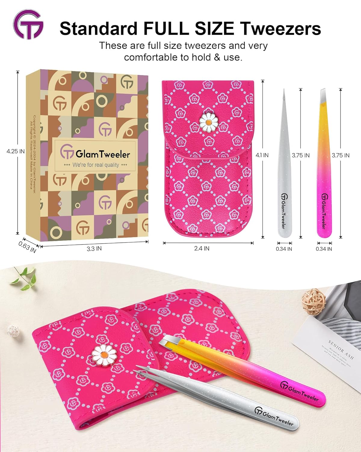 Expert Slant & Point Tip Tweezer Set - Precision Eyebrow Tweezers with Travel Case | Sparkle Hot Pink & Silver