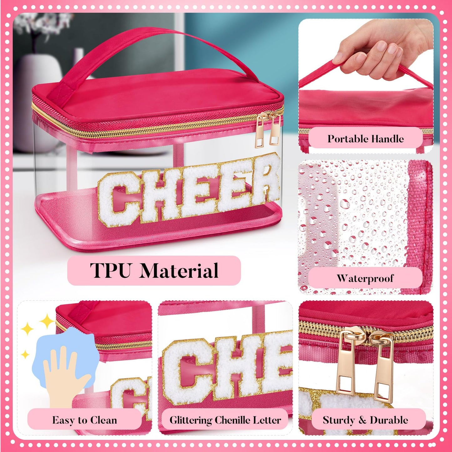 Geetery Chenille Letter Bag, Meds Cheer Travel Cases Cheerleader Gifts Cosmetic Bag Nylon Makeup Portable Preppy Patch with Zipper Toiletry Storage Case for Women(Hot Pink,Cheer)